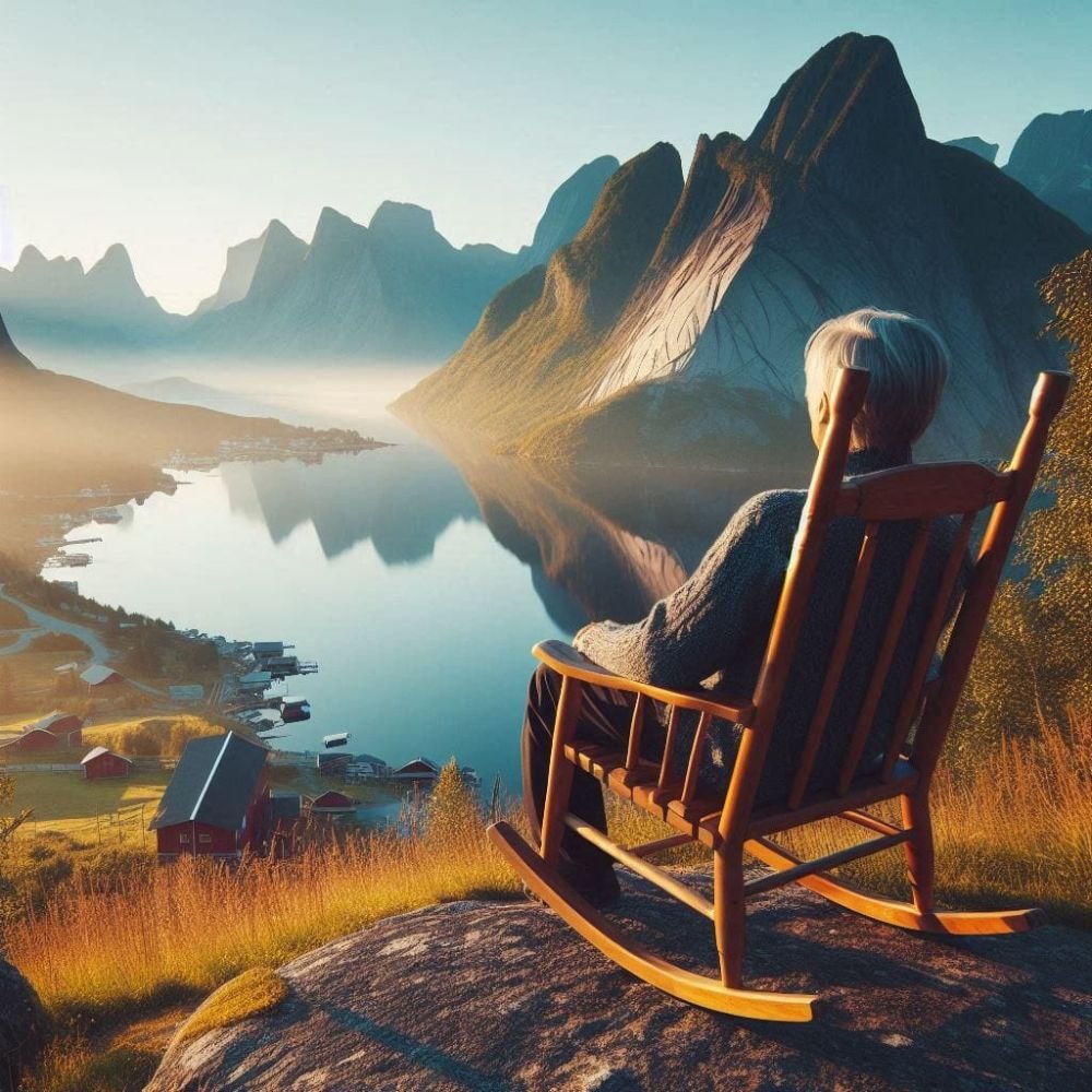 velho observando paisagem sentando em uma cadeira em cima de uma montanha