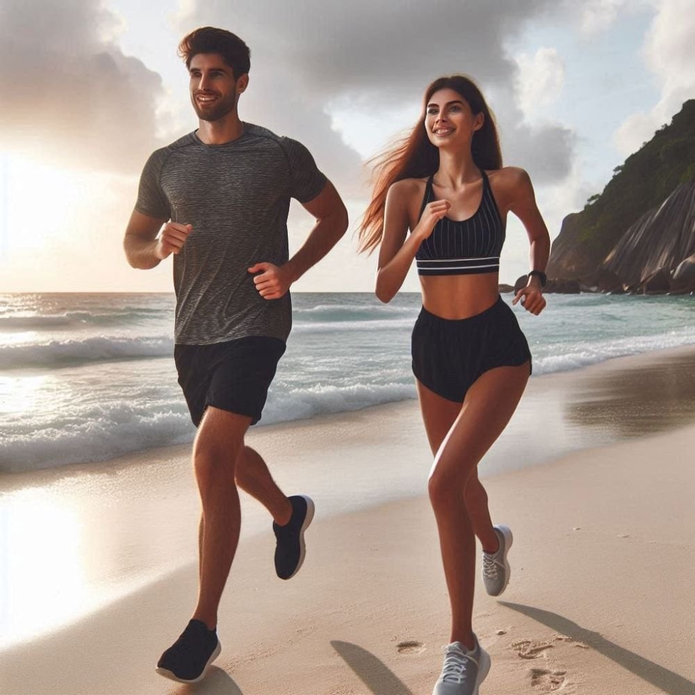 casal correndo na praia