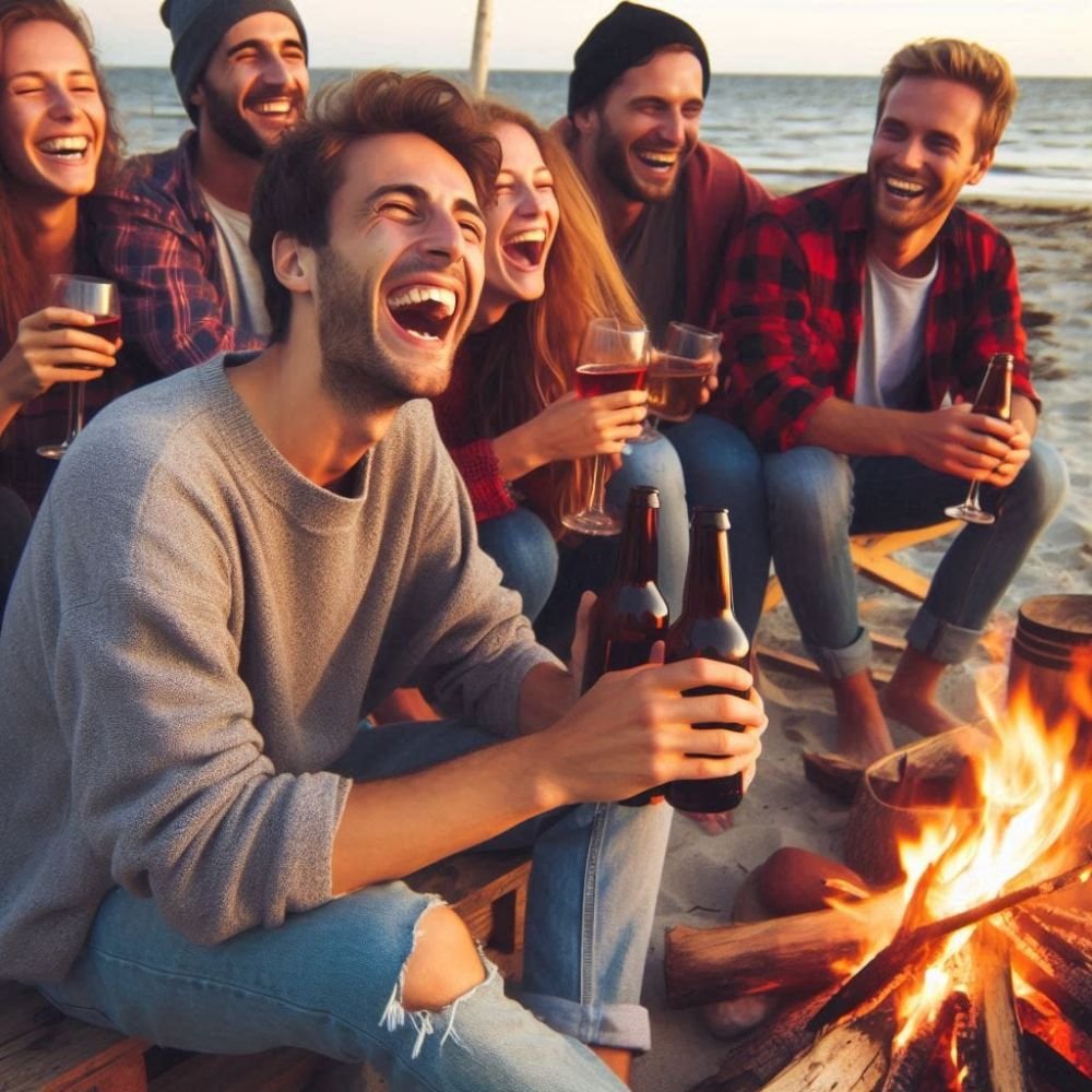 pessoas ao redor de uma fogueira na praia