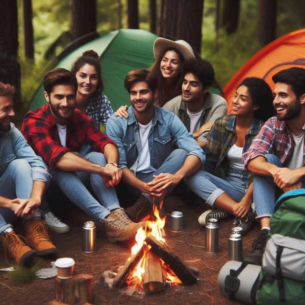 Pessoas em um acampamento ao redor de uma fogueira